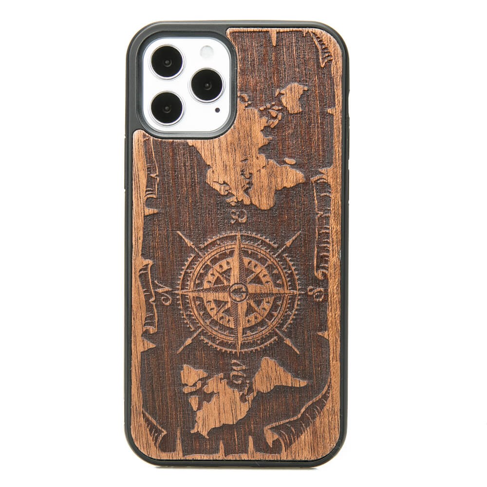 Drewniane Etui na iPhone 12 / 12 Pro RÓŻA WIATRÓW MERBAU (1)