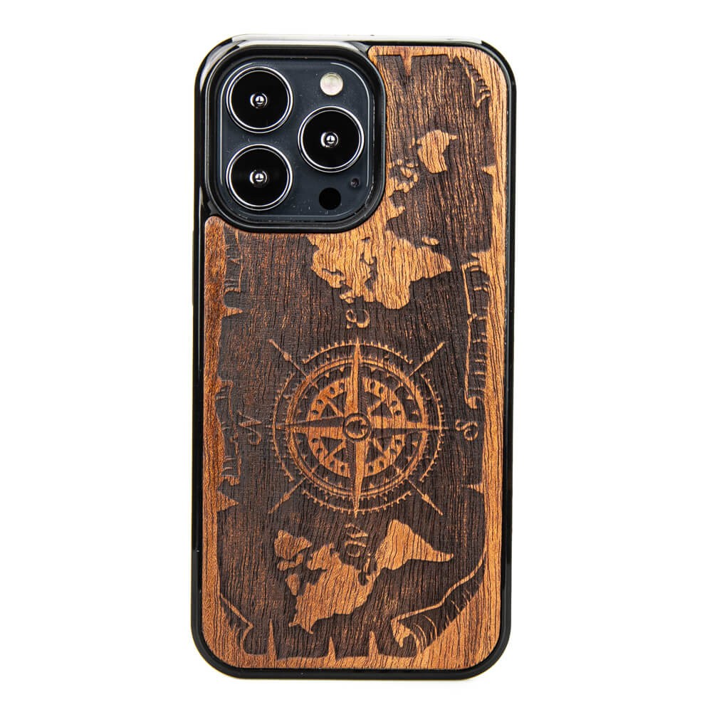 Drewniane Etui na iPhone 13 Pro RÓŻA WIATRÓW MERBAU (1)
