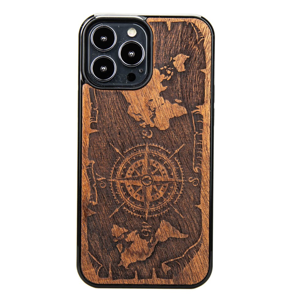 Drewniane Etui na iPhone 13 Pro Max RÓŻA WIATRÓW MERBAU (1)