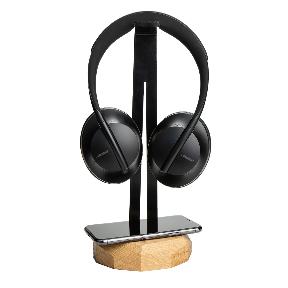 Wood Headphone Stand with QI Charger 15W - Black - Oak (1)
