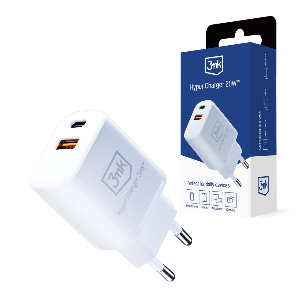 Ładowarka sieciowa 3mk Hyper Charger USB-A, USB-C QC 3.0, PD 20W, biała (1)