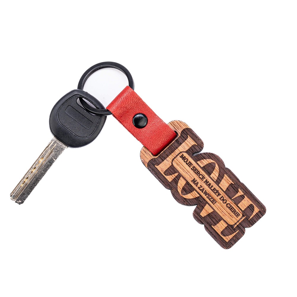 Drewniany Personalizowany Brelok Leather LOVE  Plus Twój Tekst Merbau - Czerwony (2)