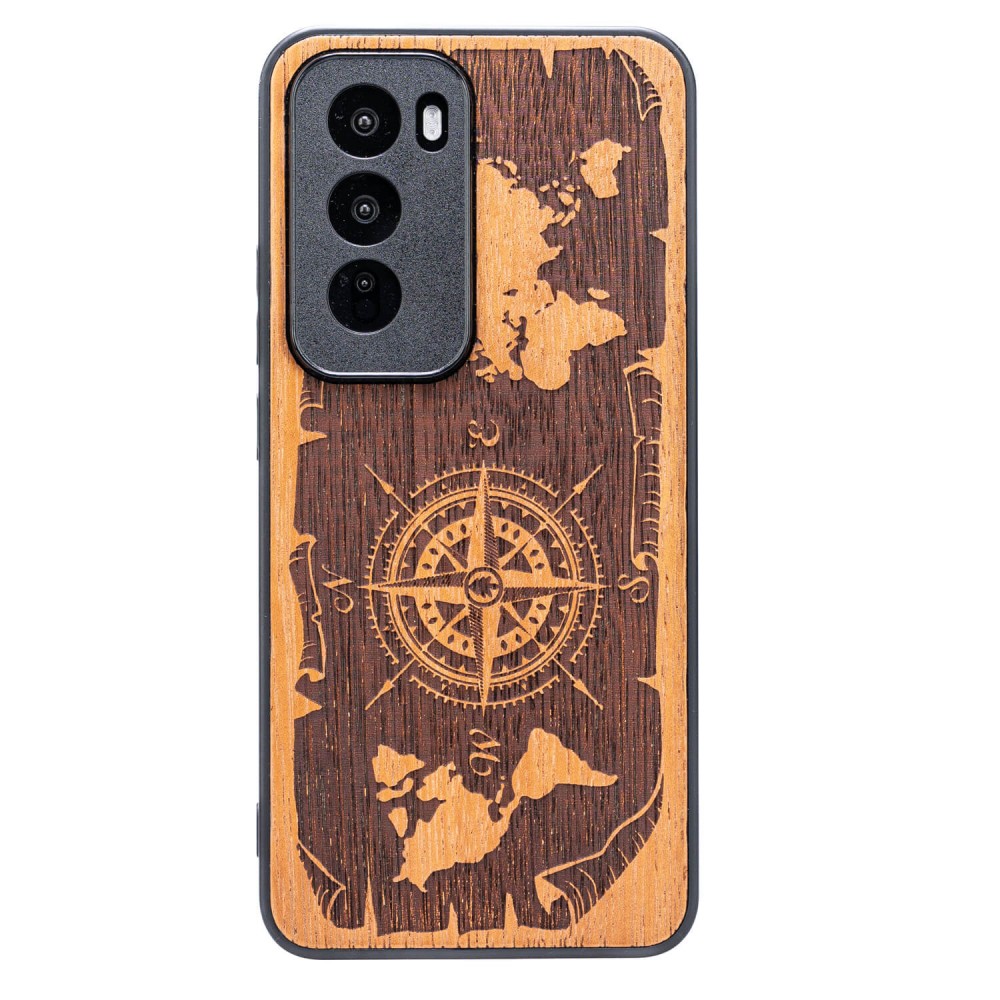 Drewniane Etui Bewood do Oppo Reno 12 Pro 5G RÓŻA WIATRÓW MERBAU (1)