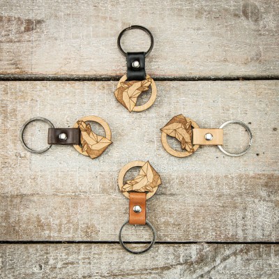 Picture 2 for: Wooden Keychain Leather Geometric Wolf Anigre