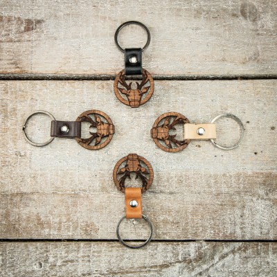 Picture 2 for: Wooden Keychain Leather Geometric Deer Merbau