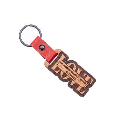 Obrazek dla: Drewniany Personalizowany Brelok Leather LOVE  Plus Twój Tekst Merbau  Czerwony